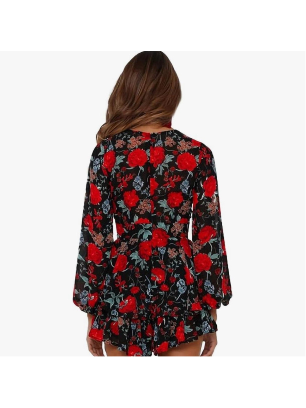 Relipop Womens Floral Print Romper V Neck Long Sleeve Double Layer Ruffle Hem Sh - Picture 2 of 7